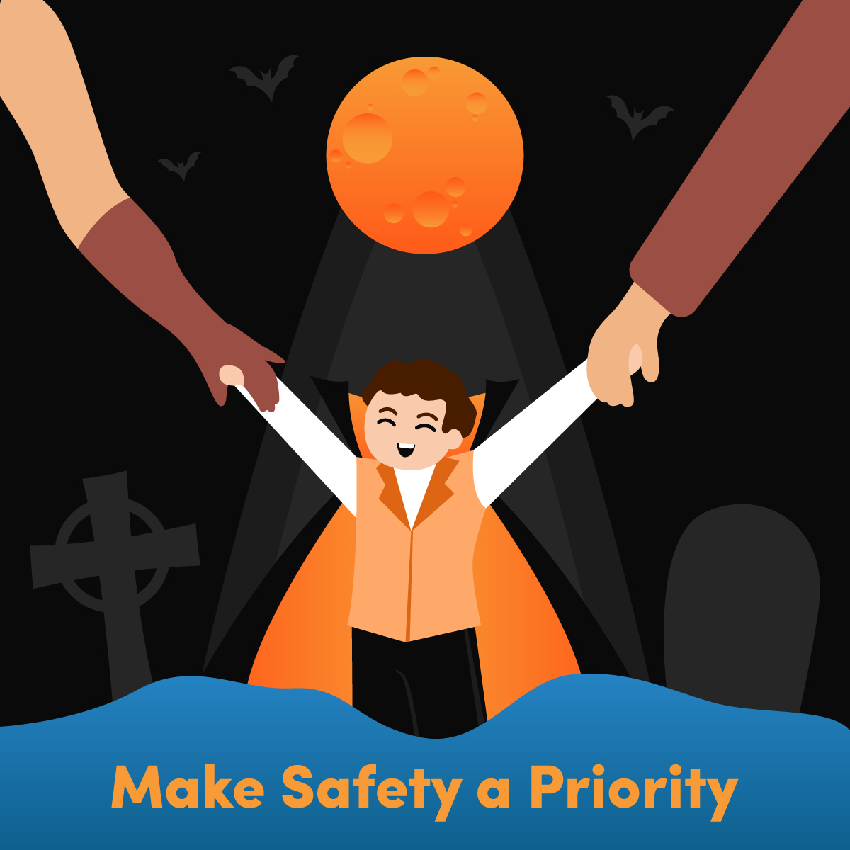 An illustrated image of a child dressed as a vampire with adults holding each of his hands.