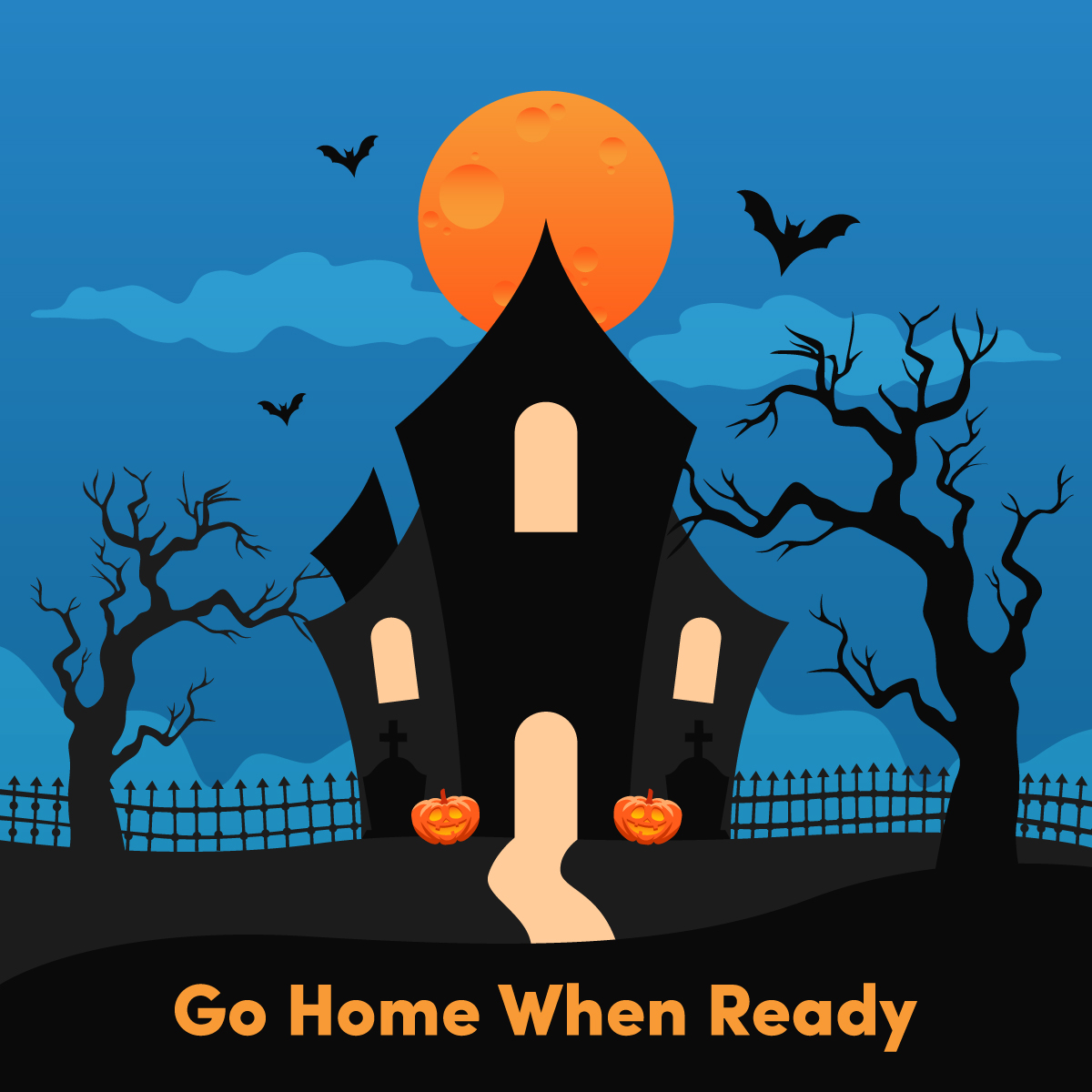 An illustrated image of a haunted house with a large, orange moon behind it.