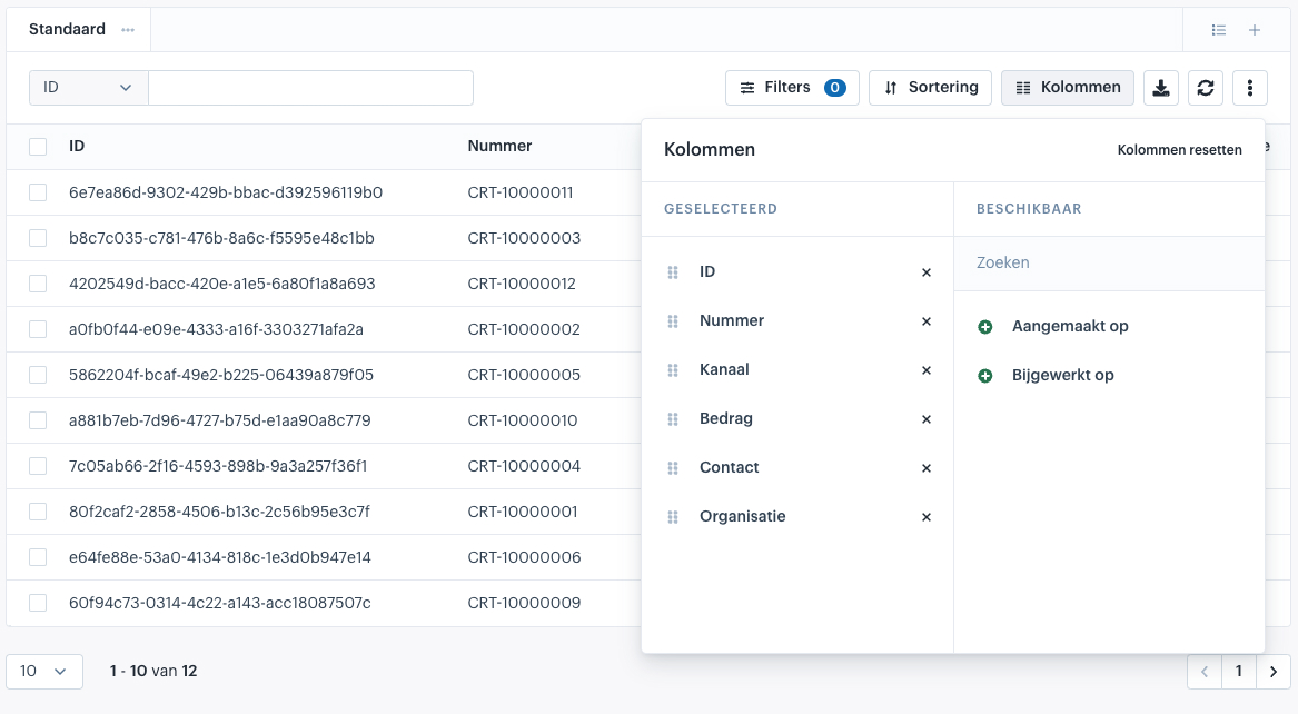 Datagrid met een open kolommen menu