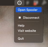 Voorbeeld van de Spooler Desktop applicatie die op een macOS apparaat op de achtergrond aan staat met het menu open.