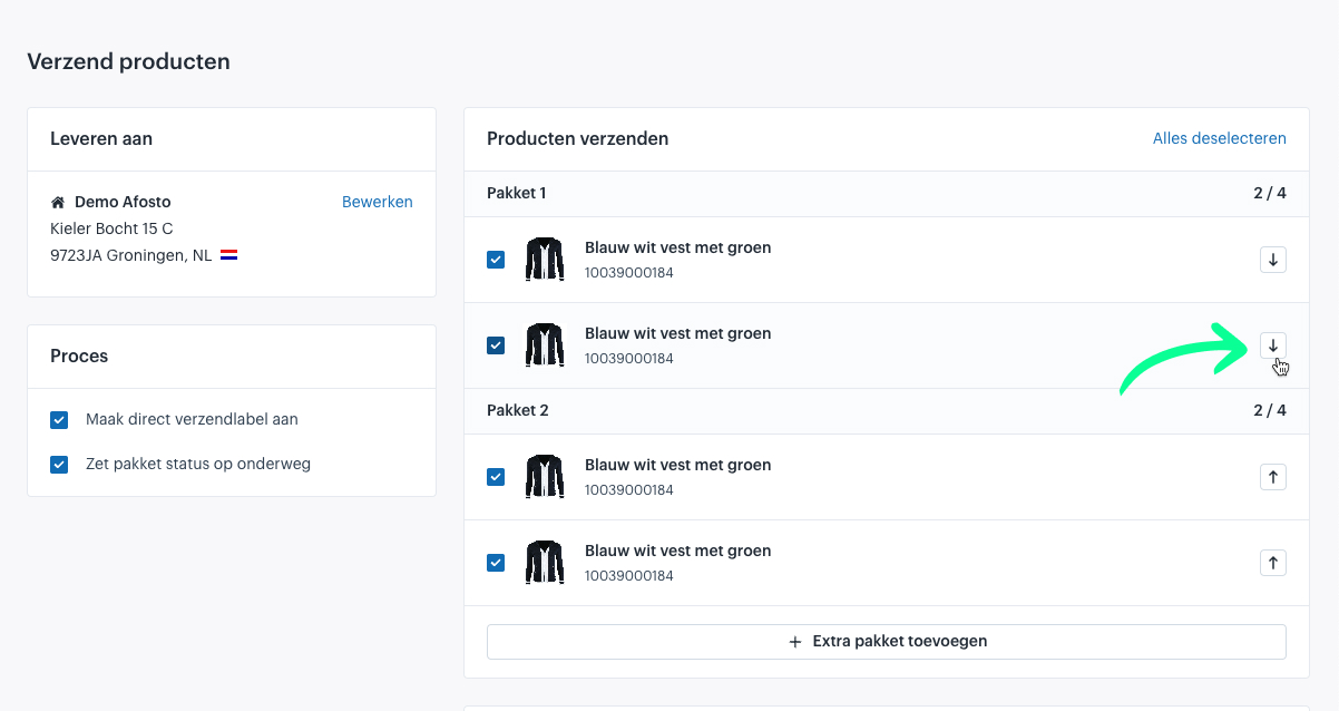 Shipping window with two packages where each has 2 products with an arrow showing how you can move the products