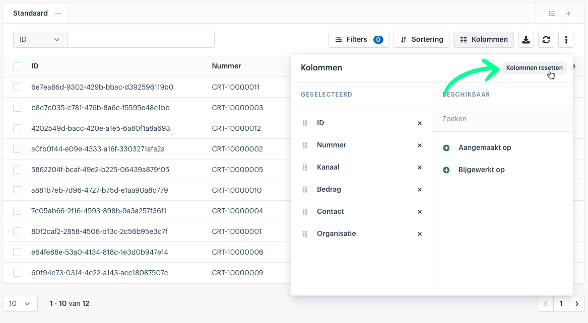 Datagrid met een open kolommen menu met een aanwijzing waar je kolommen kunt resetten