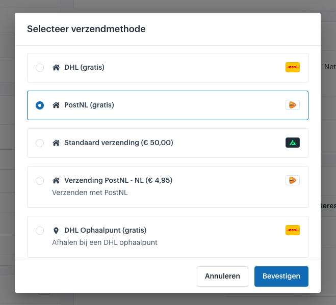 Lijst met beschikbare verzendmethodes waaruit gekozen kan worden