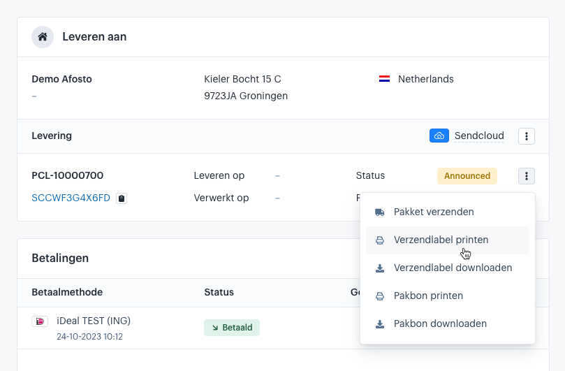 Delivery widget with a package for which a shipping label can be printed or downloaded