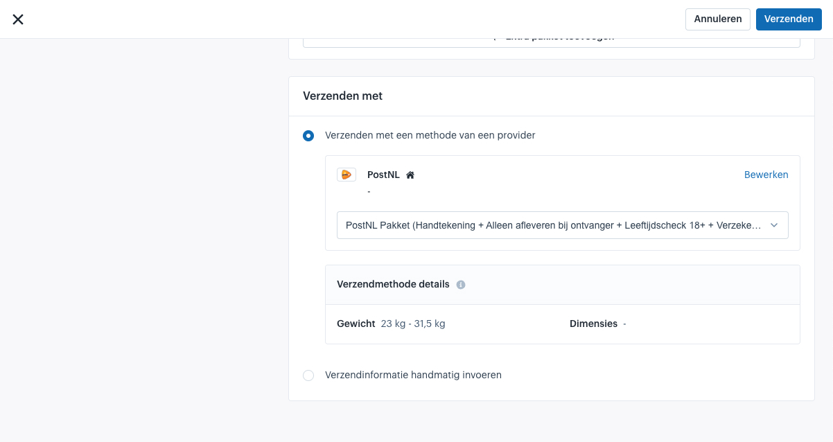 Verzenden venster met de opties voor 'verzenden met' in beeld waarbij een PostNL-methode geselecteerd is