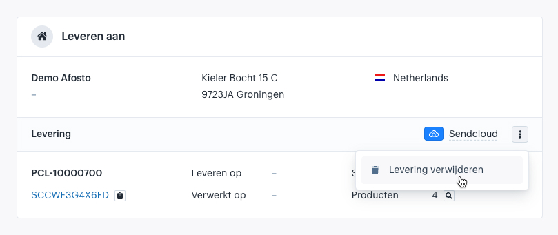 Levering met pakketten verwijderen in de leveringen widget op de bestelling detail pagina