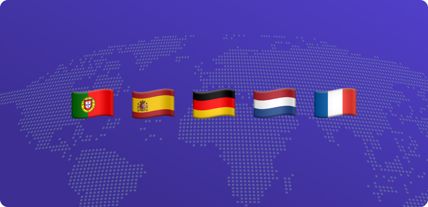 Country flag of Portugal, Spain, Germany, Netherlands, and France against a global map background