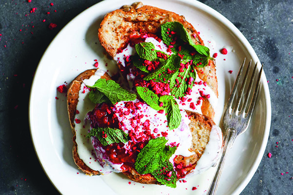Vegan french toast with raspberries and mint