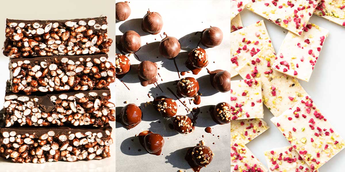 vegan chocolate bark, truffles and bars 