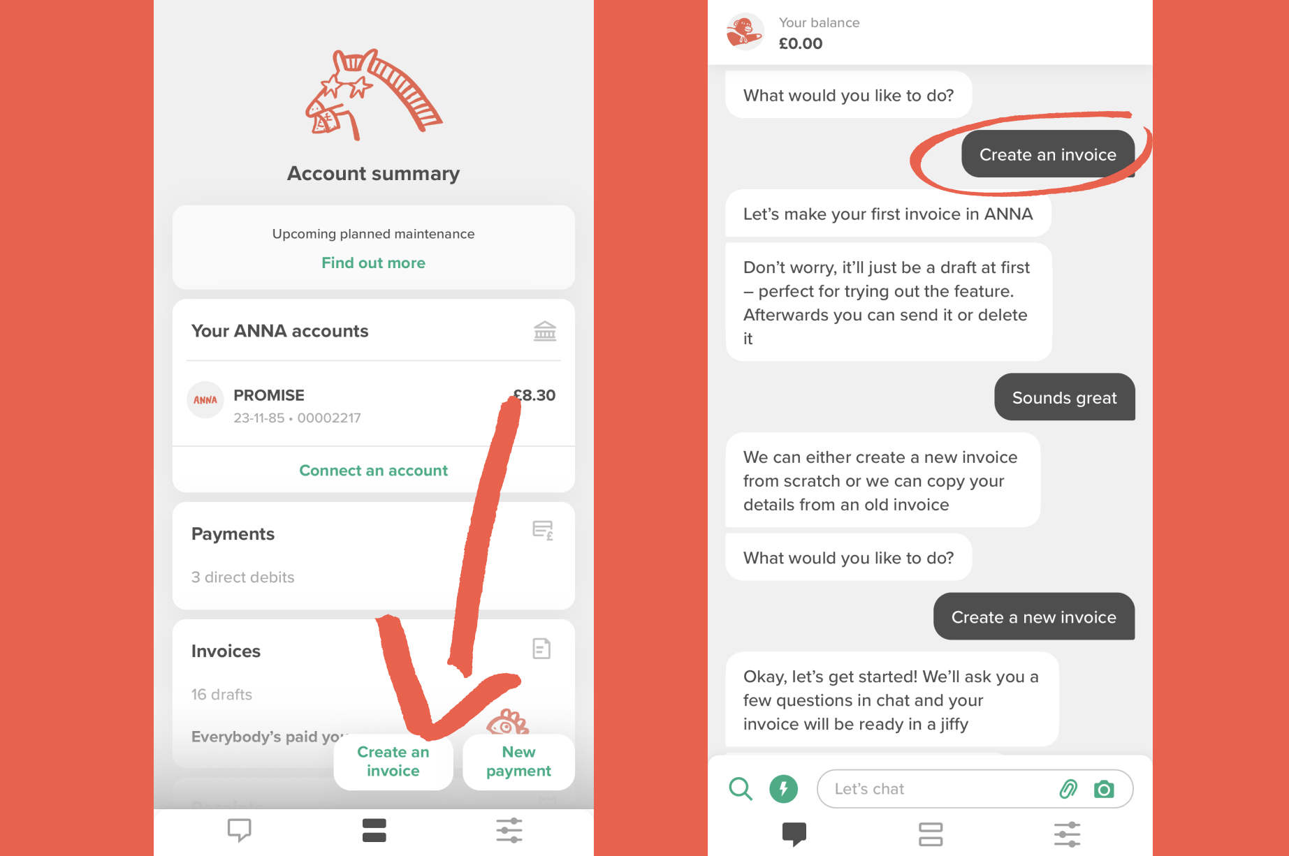 Invoicing feature on the ANNA mobile app