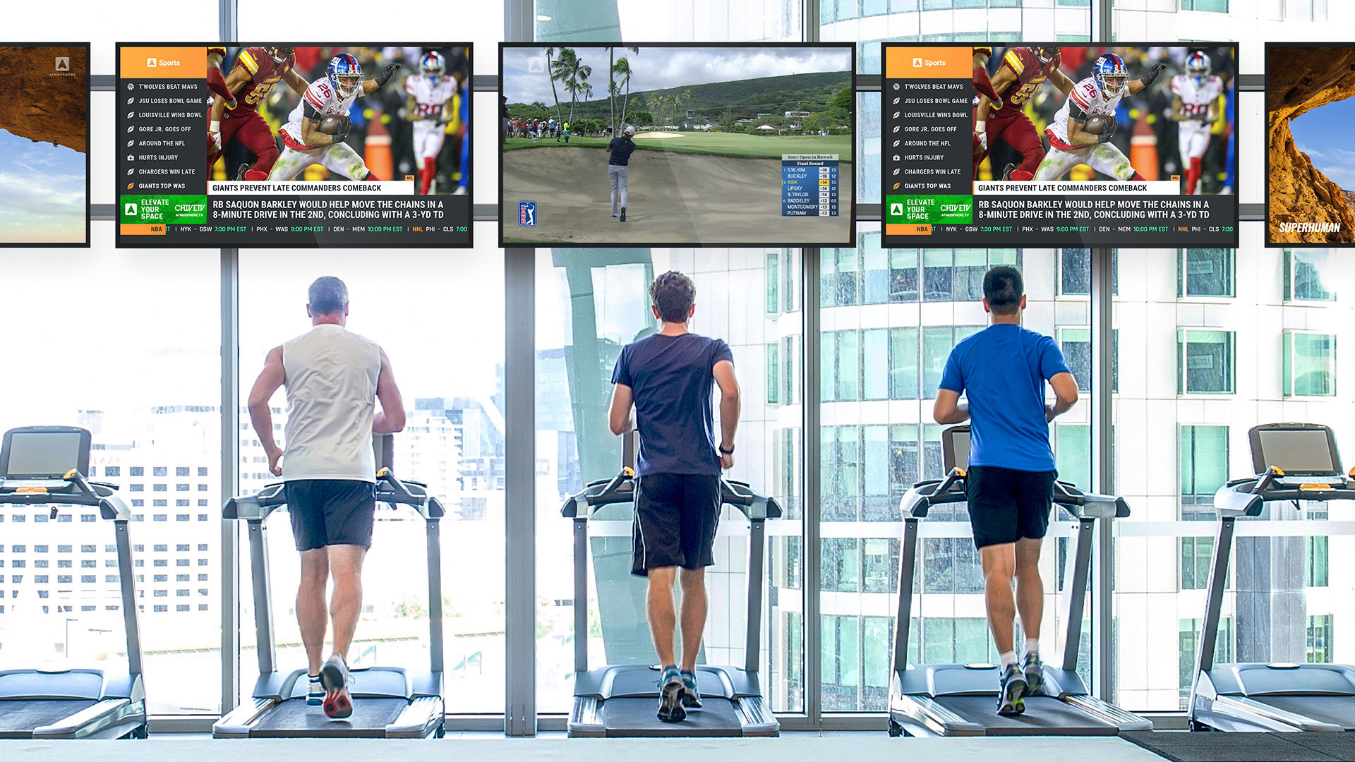 Three men running on treadmills watching Atmosphere sport on Atmosphere TV 