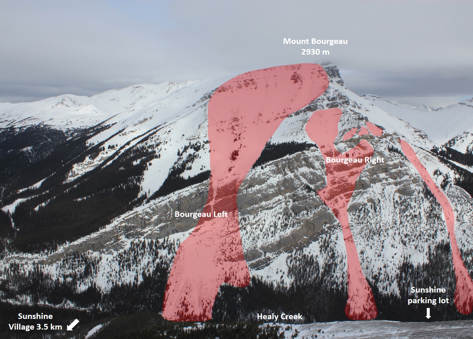 The Bourgeau Left-Hand and Bourgeau Right-Hand ice climbs and the avalanche terrain around them are highlighted in red on an image of the climbs.