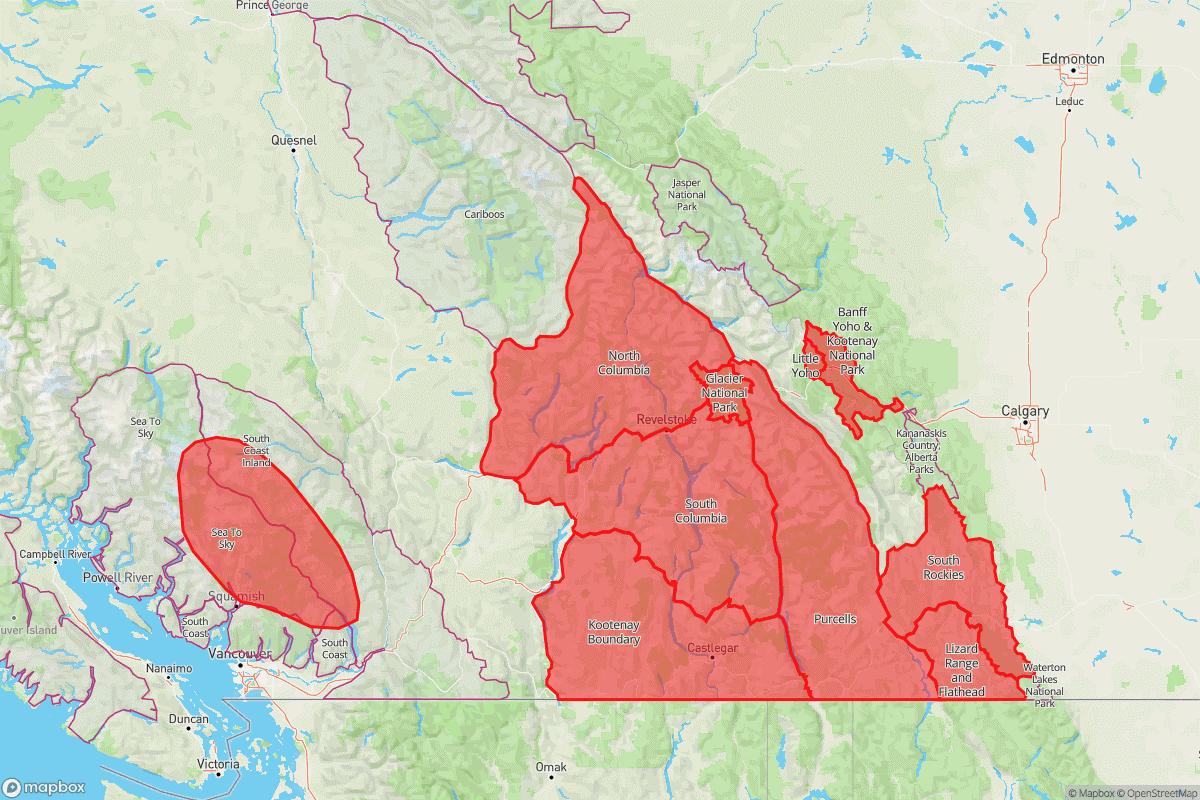 A map showing the forecast regions covered by the Special Public Avalanche Warning in red. The regions included are parts of the Sea to Sky and South Coast Inland, and all of North Columbia, South Columbia, Kootenay-Boundary, Purcells, South Rockies, Lizard-Flathead, Glacier National Park, Little Yoho, and Banff-Yoho-Kootenay National Parks.