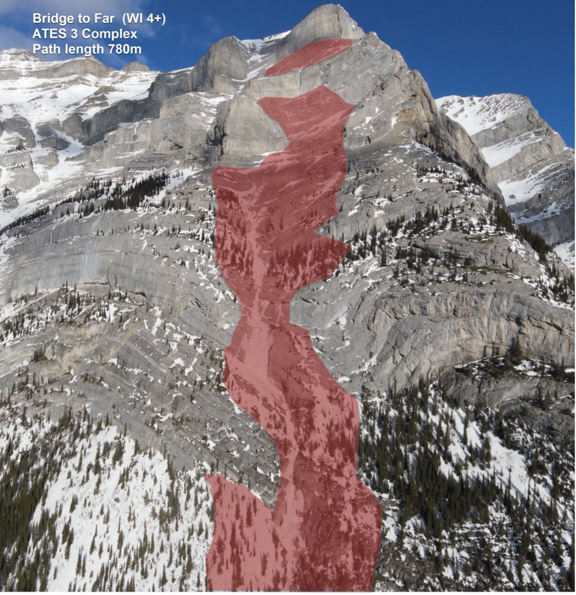 Image is aerial shot of the Bridge Too Far ice climb, marked with avalanche terrain in red