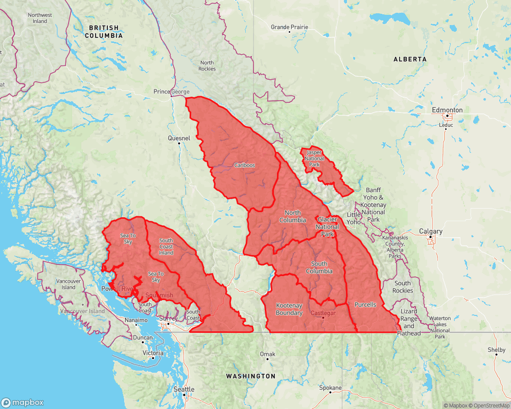A map showing the regions included in the Special Public Avalanche Warning in red. They are Sea to Sky, South Coast Inland, Cariboos, North Columbia, South Columbia, Kootenay-Boundary, Purcells, and Glacier and Jasper National Parks. 