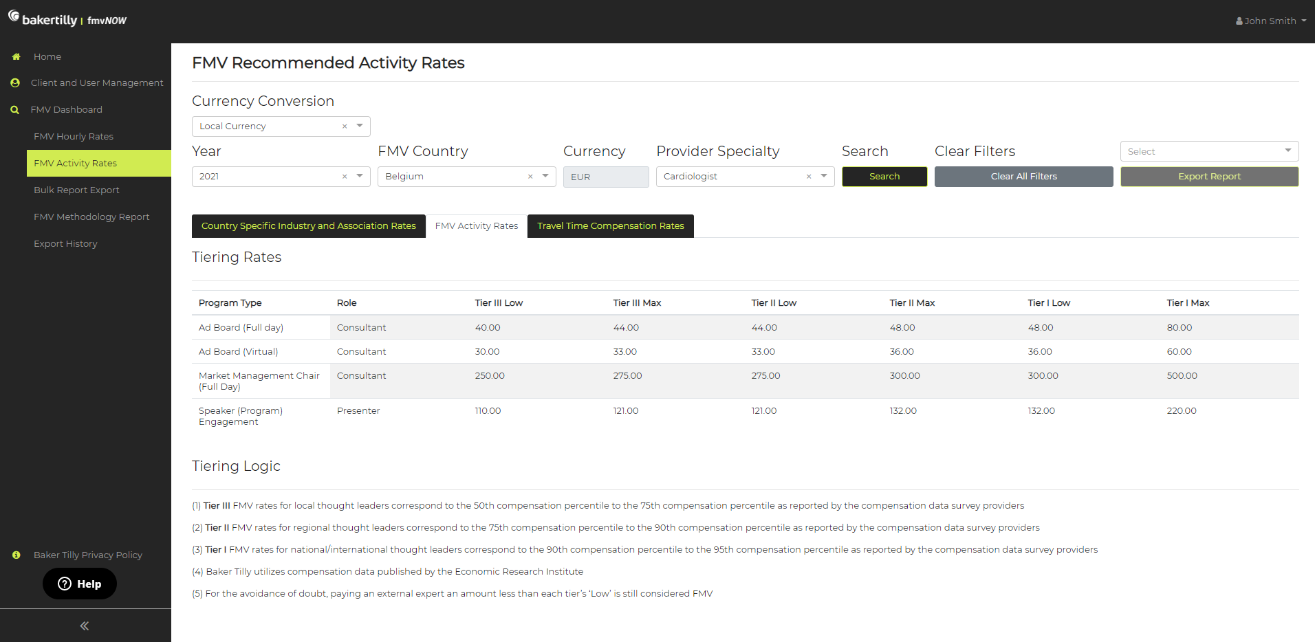 FMV Recommended Activity Rates for Fair Market Value (FMV) tool 