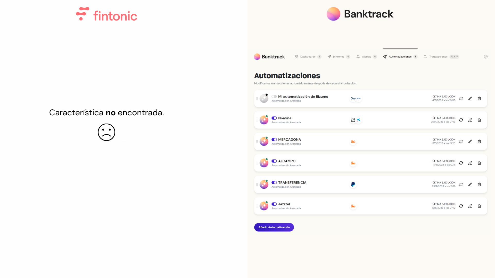 Captura sobre las automatizaciones bancarias que incorpora Banktrack, la mejor alternativa a fintonic