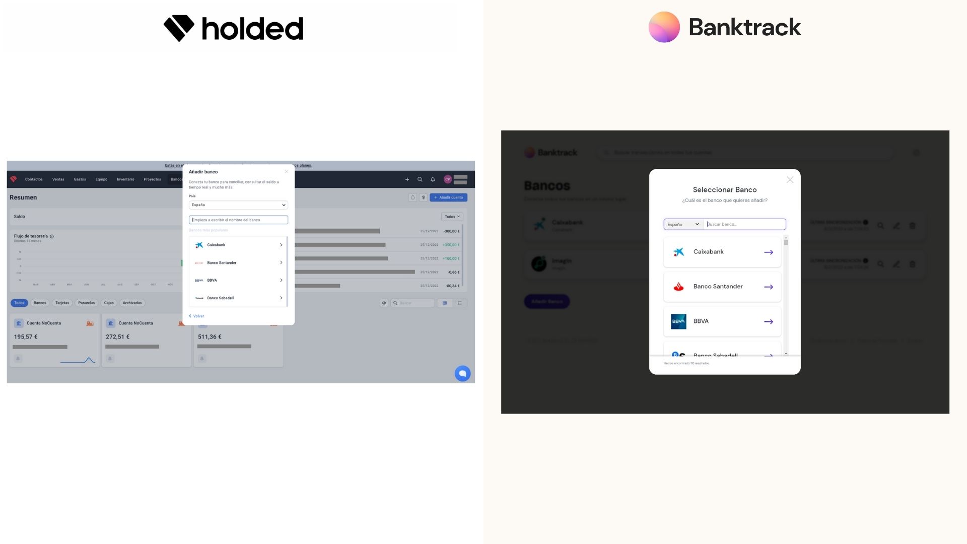 En estas capturas se aprecian el formato de sincronización bancaria que se realiza en Holded y su alternativa Banktrack