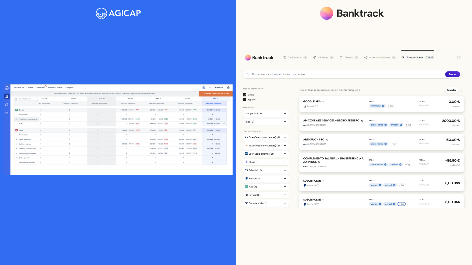 Capturas de pantalla sobre el historial bancario que puedes visualizar desde agicap y su alternativa Banktrack