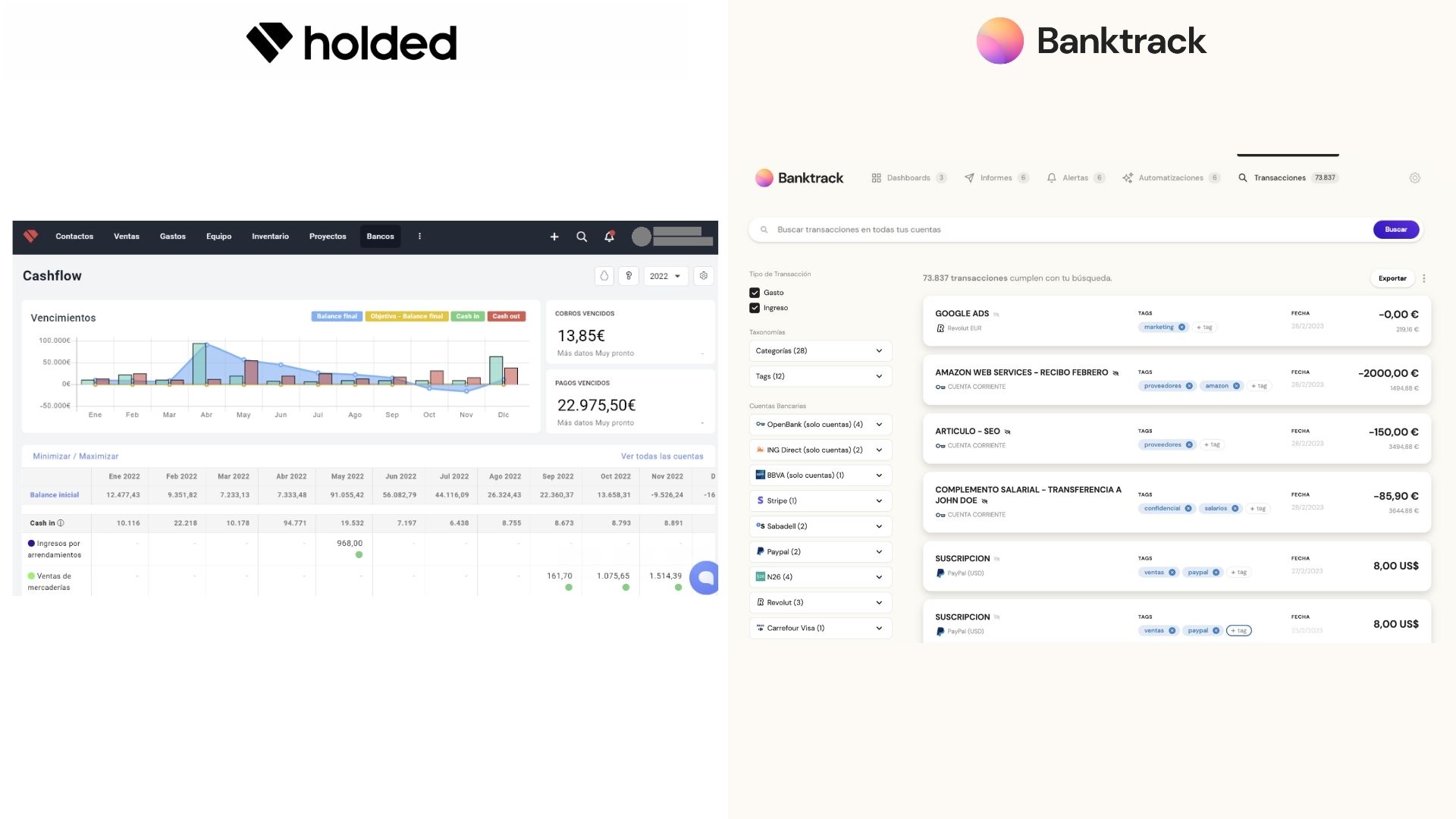 A la derecha existe el modelo de buscador de Banktrack, mientras que a la izquierda el modelo de holded es este apartado el que más tiene similitud