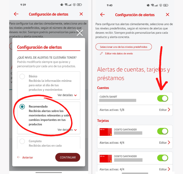 Configuración de las alertas en la app Banco Santander
