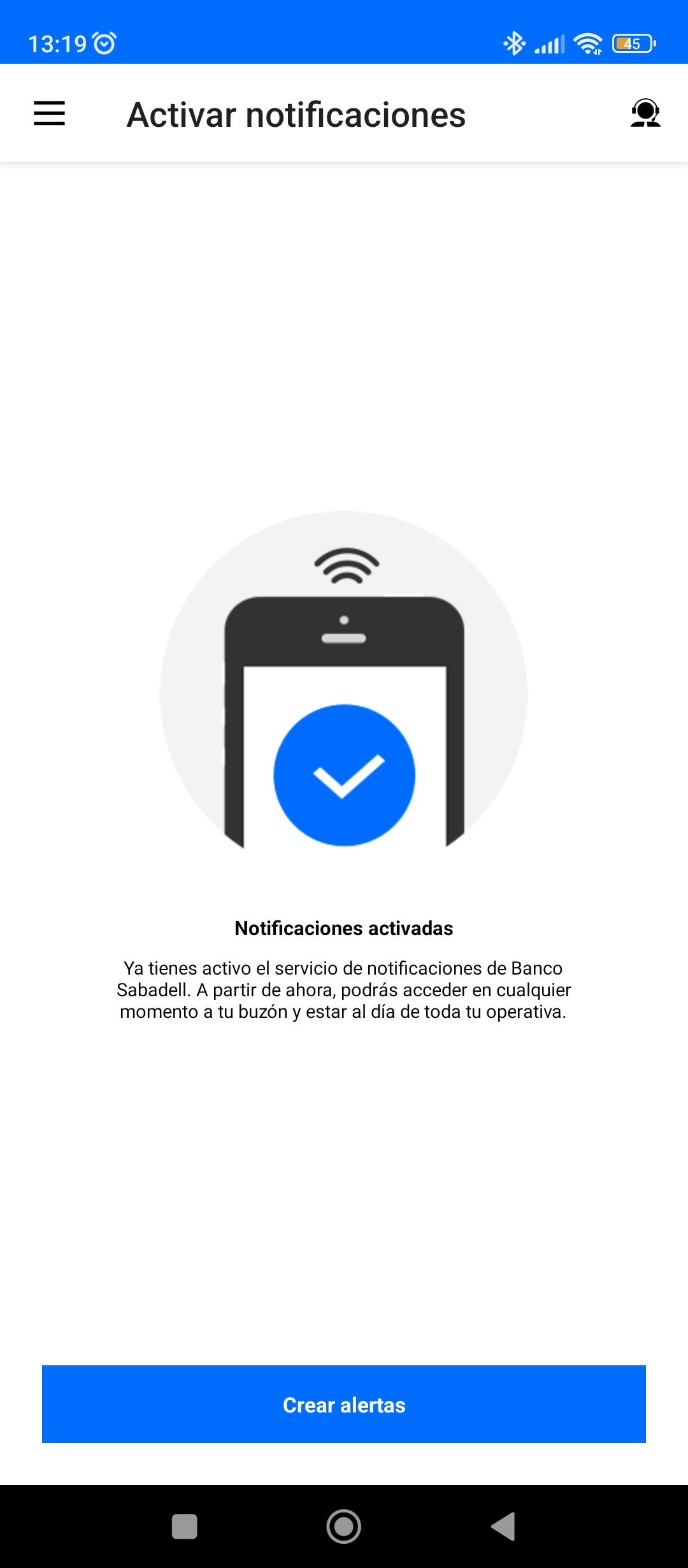 Captura en app Banco Sabadell proceso de activar notificaciones completado correctamente