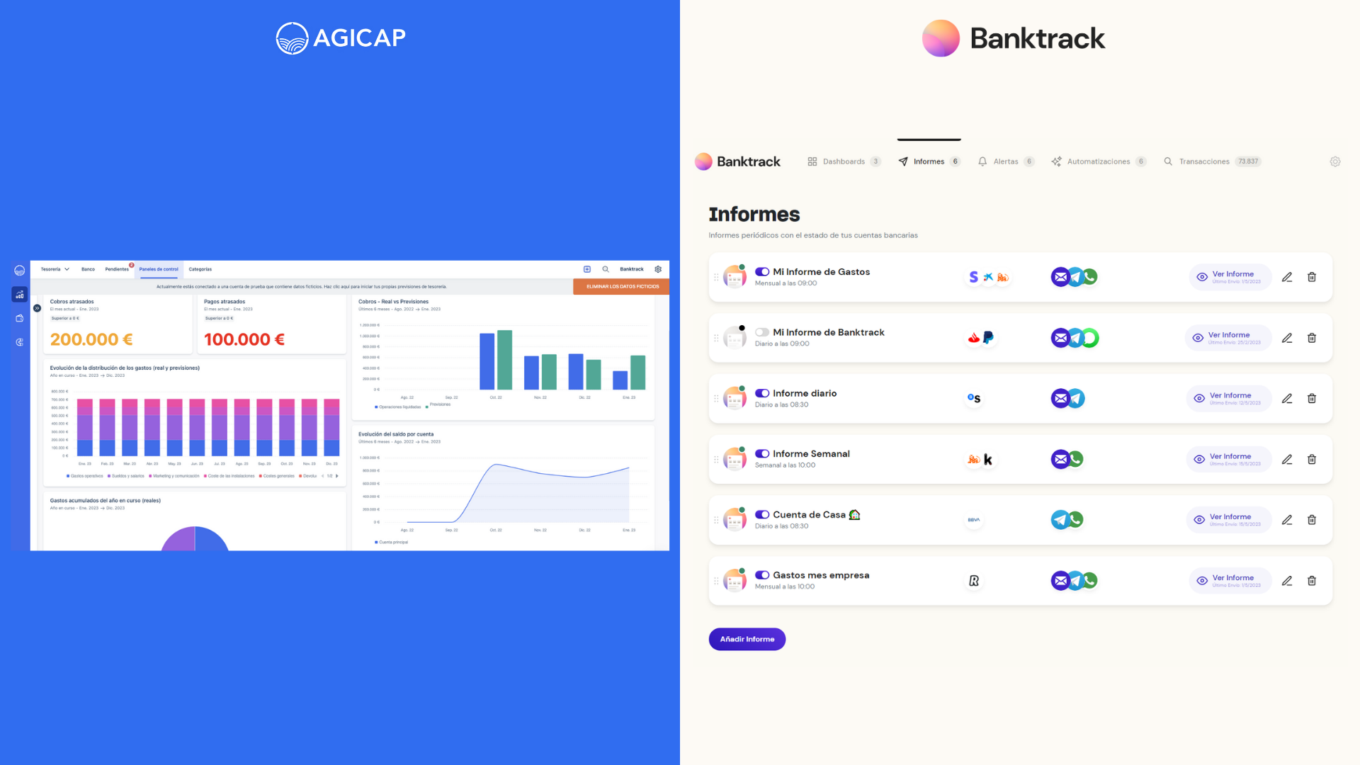 Captura de pantalla sobre los informes y alertas de agicap y Banktrack, su mejor alternativa. La alternativa a agicap es banktrack