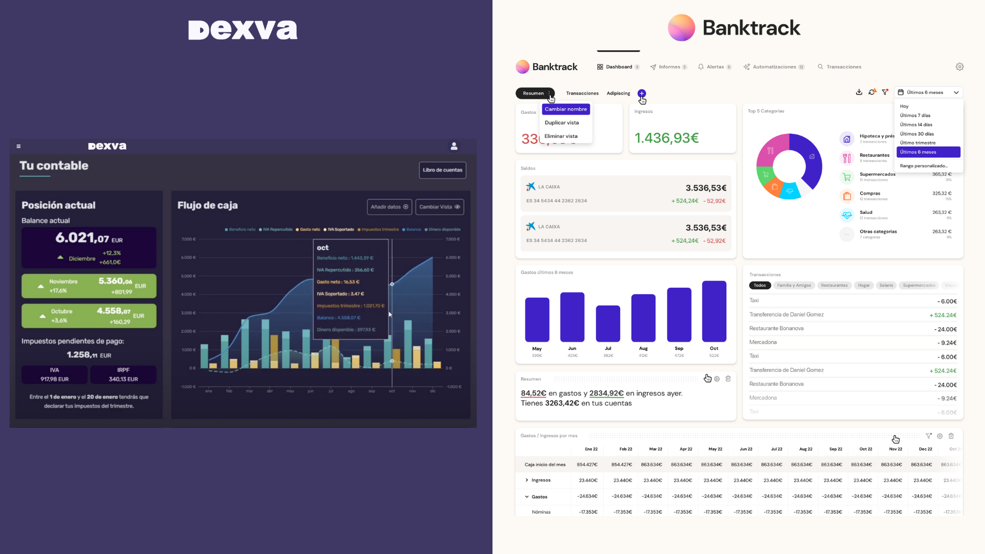 Captura comparativa sobre las dos herramientas de finanzas Dexva y su alternativa Banktrack