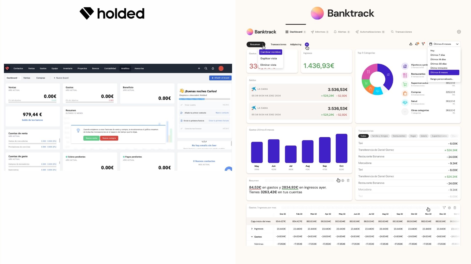 Comparación entre Holded y la alternativa a Holded, que es Banktrack en este primer vistazo de las herramientas