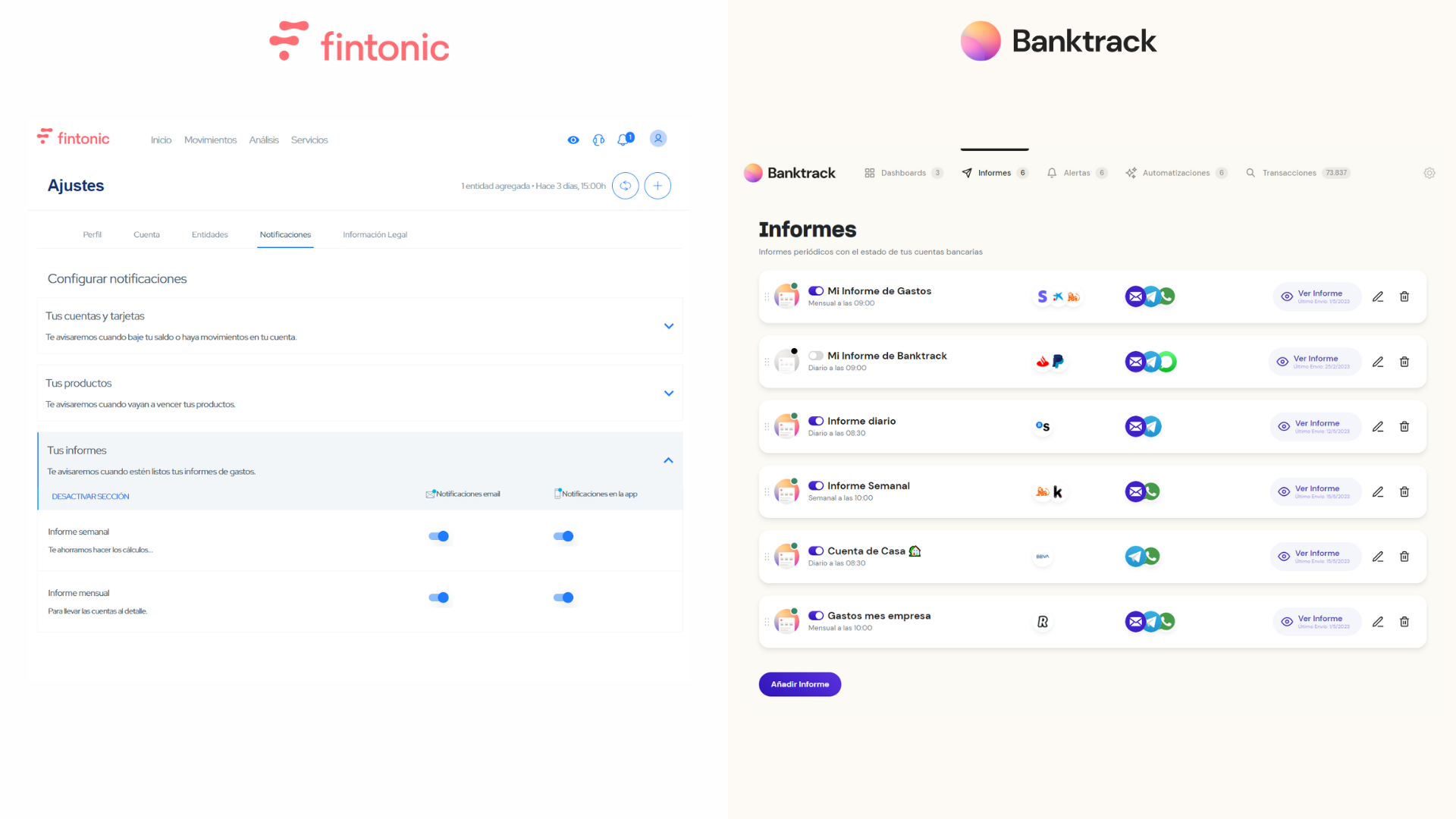 Captura de pantalla comparando las herramientas de finanzas personales fintonic y Banktrack con sus informes