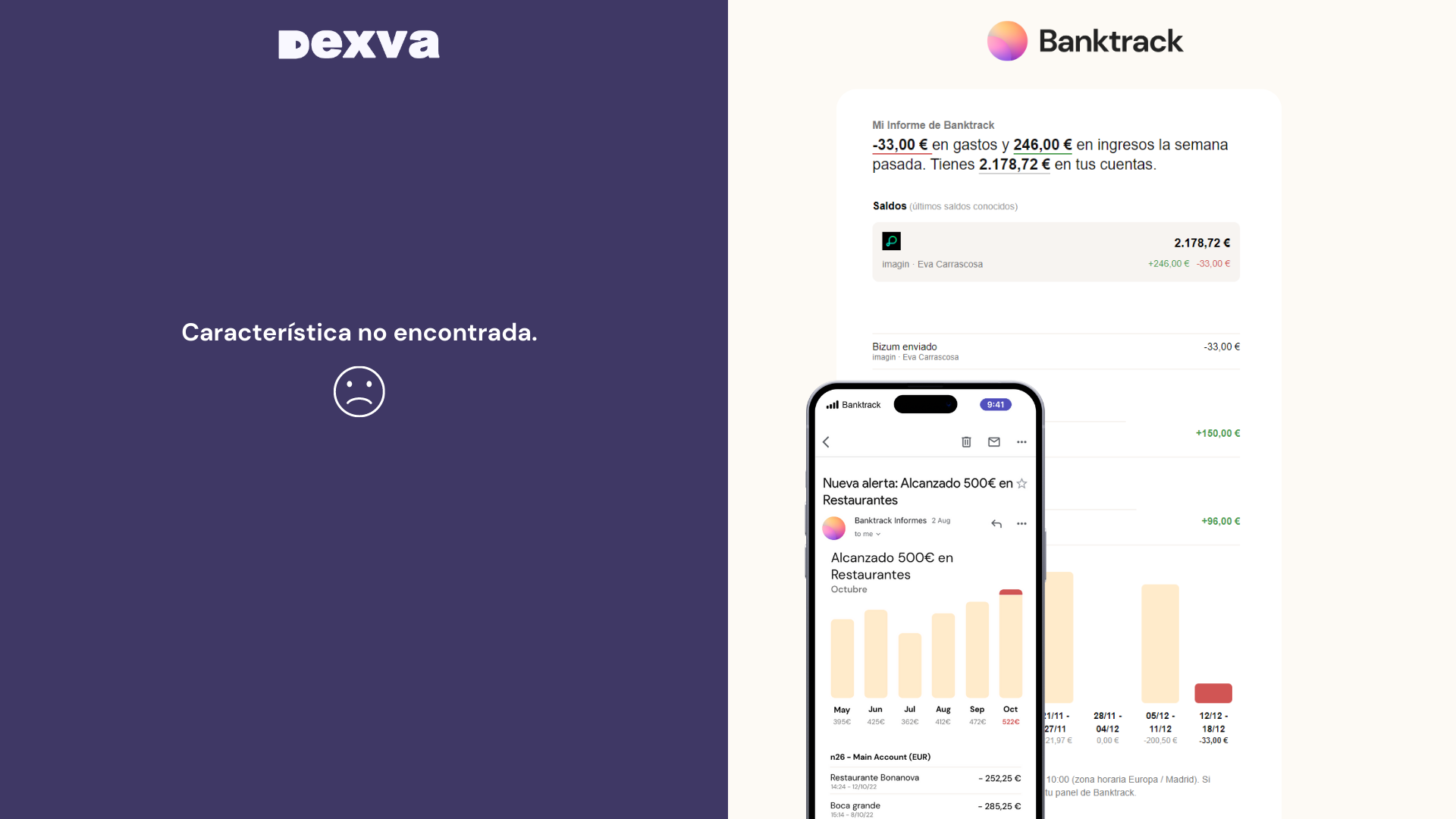 Captura de pantalla sobre las alertas bancarias entre Dexva y su alternativa Banktrack