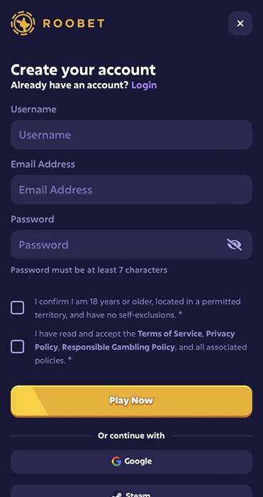 Roobet Account Registration Form