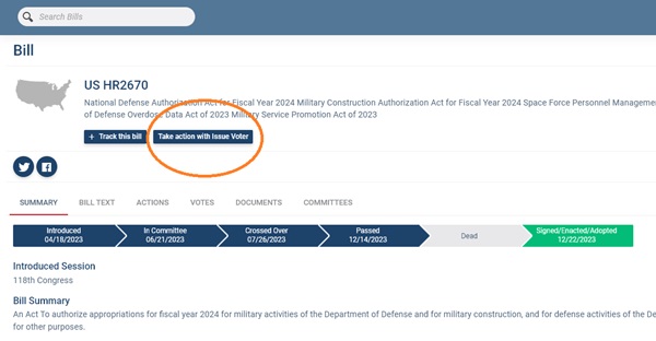 The IssueVoter link on the bill page