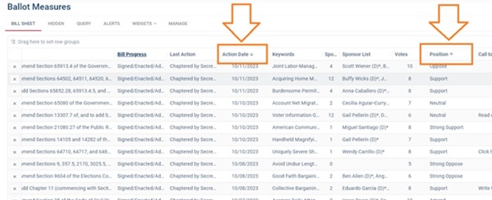 Sort by action date and position by clicking on the columns holding the shift key.