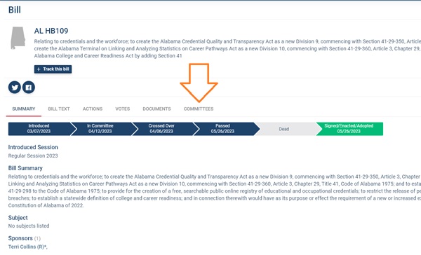 The committee tab on a bill