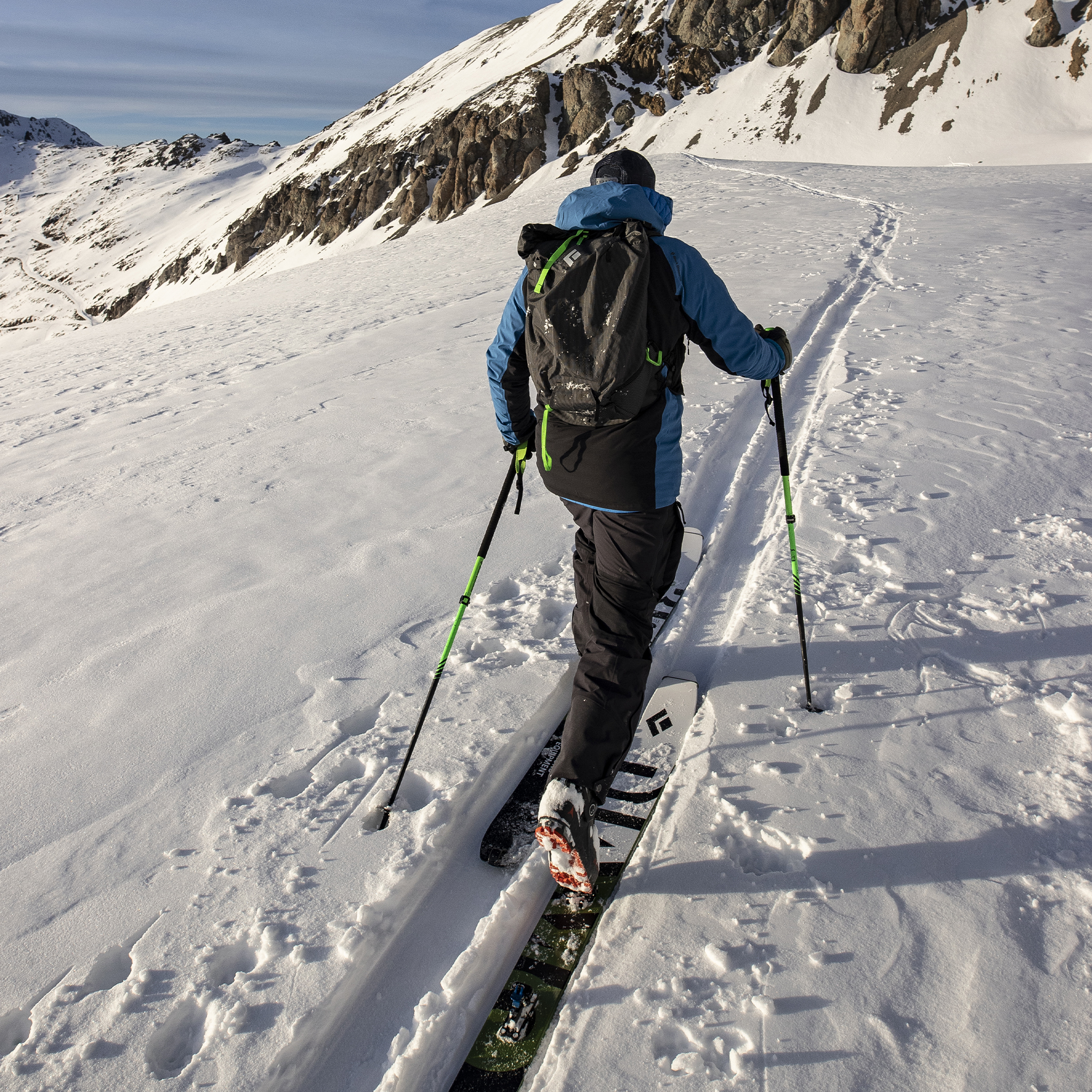 Black Diamond Athlete Mike Barney skinning up a skin track. 