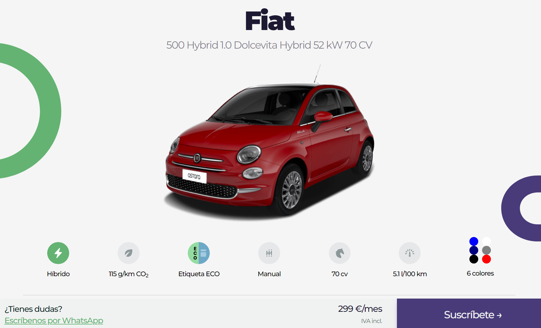 Fiat 500 híbrido coche por suscripción