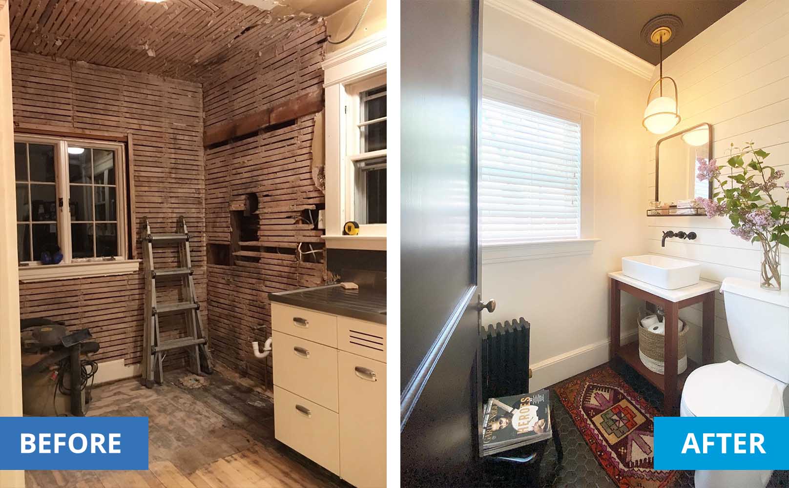 left is a gutted bathroom. Right is the same bathroom with new drywall, new toilet and sink, new tiles, faux wood blinds and light fixtures.