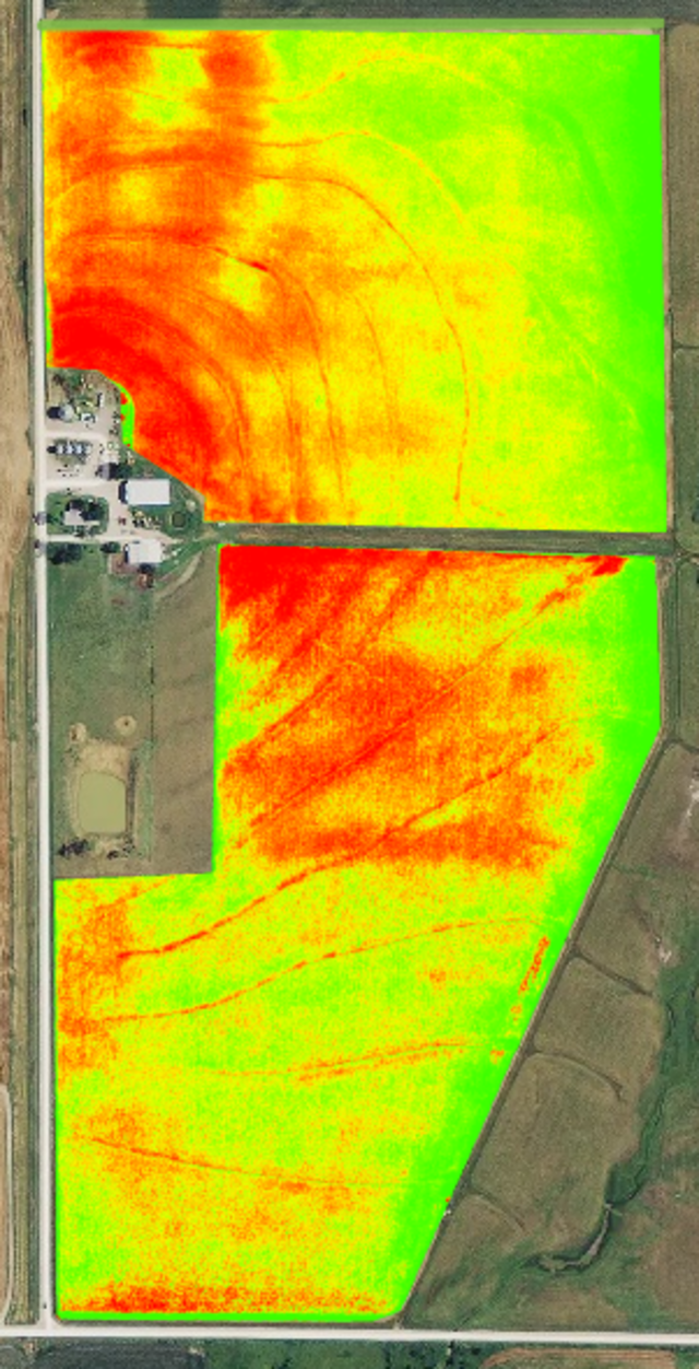 NDVI orthomosaická mapa zemědělských polí.