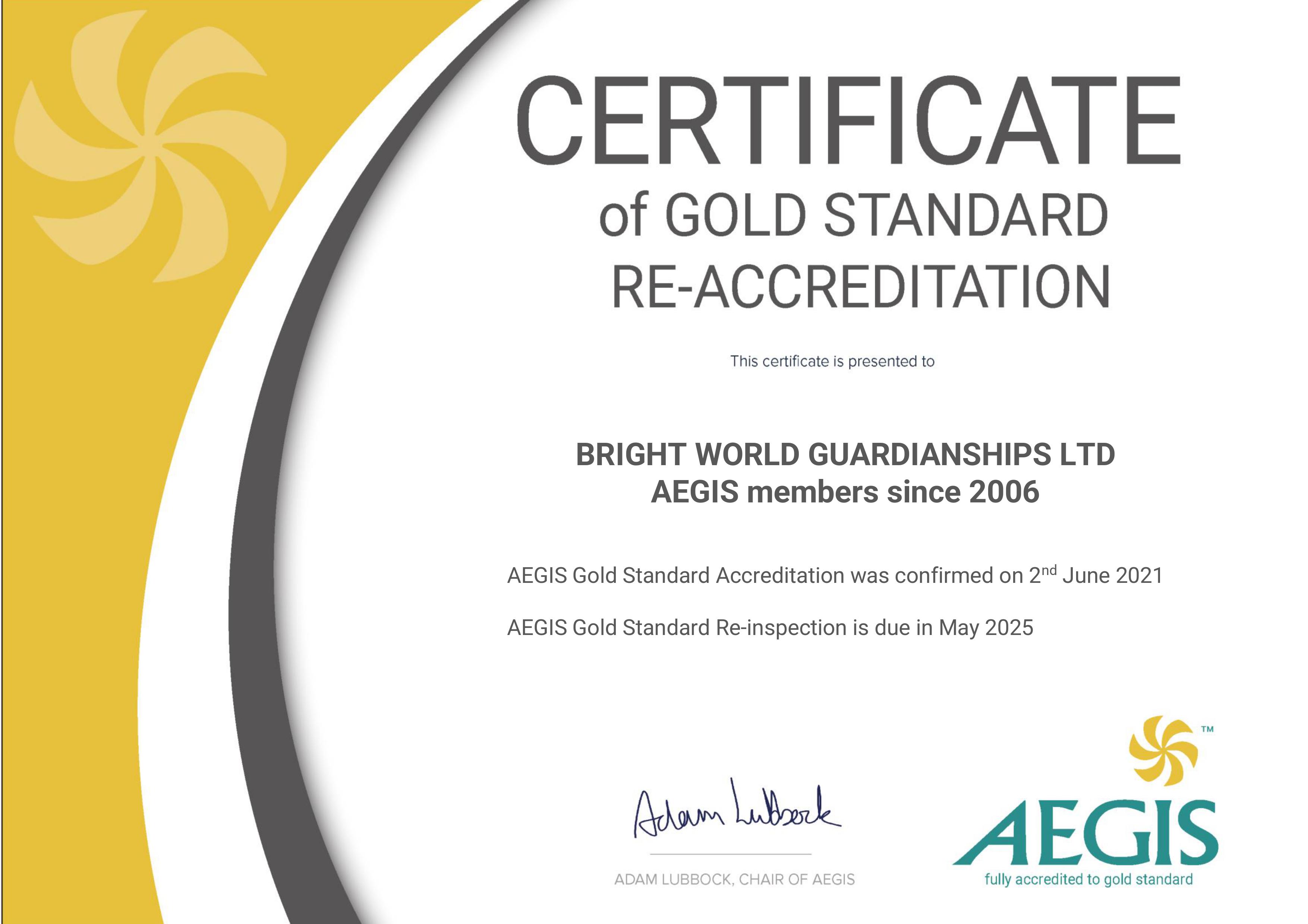Bright World AEGIS Gold standrd re-accreditation certificate 2021