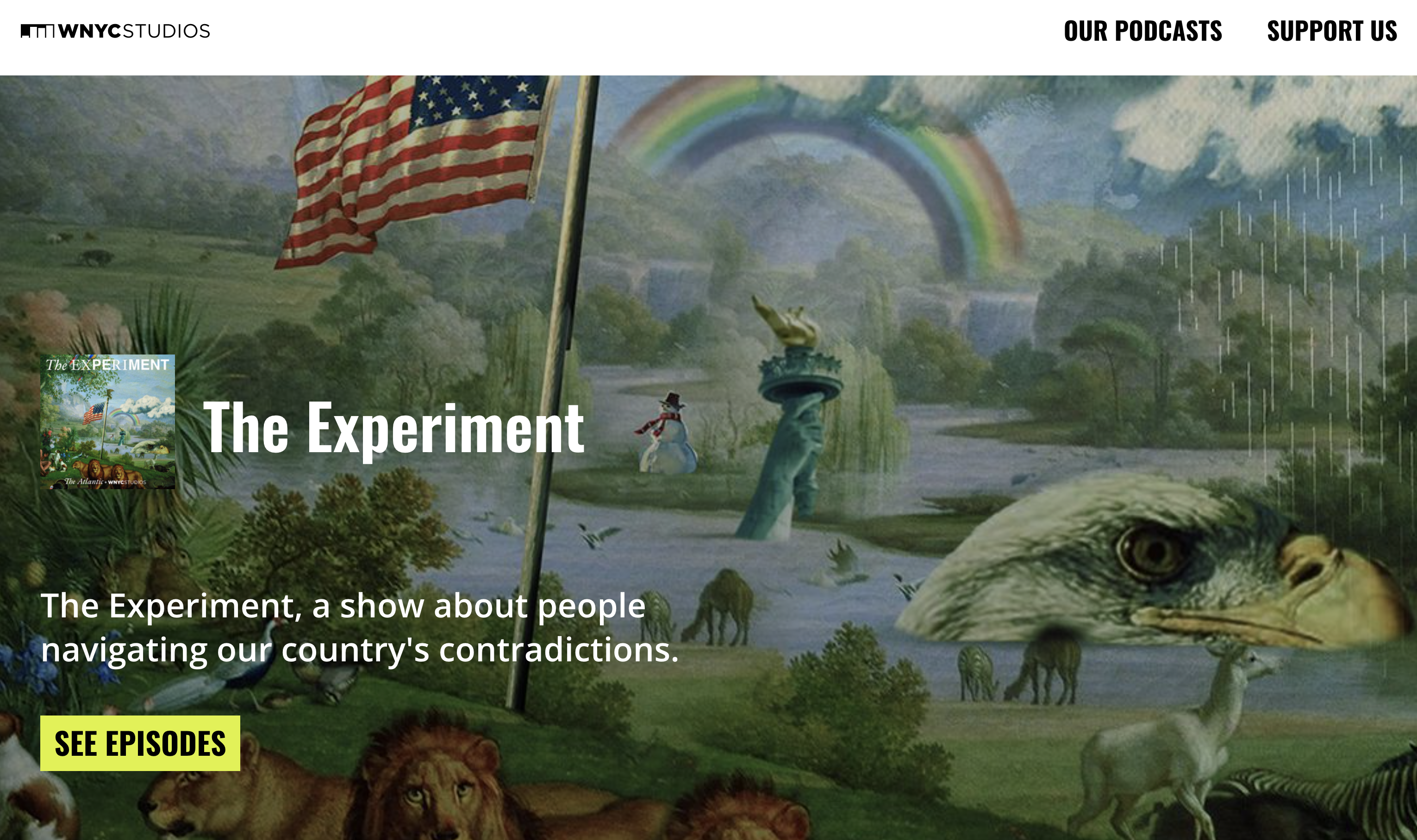 WYNC Studios homepage featuring podcast artwork for a podcast called The Experiment