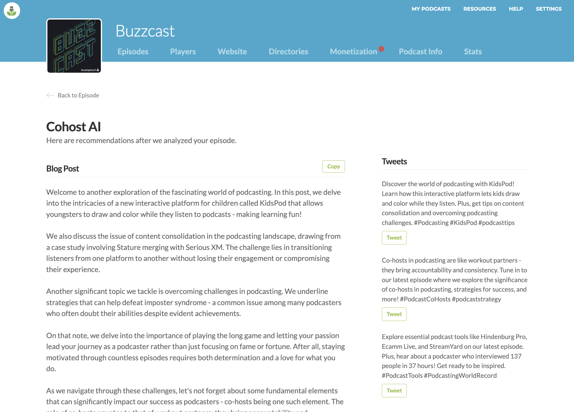 Cohost AI in Buzzsprout