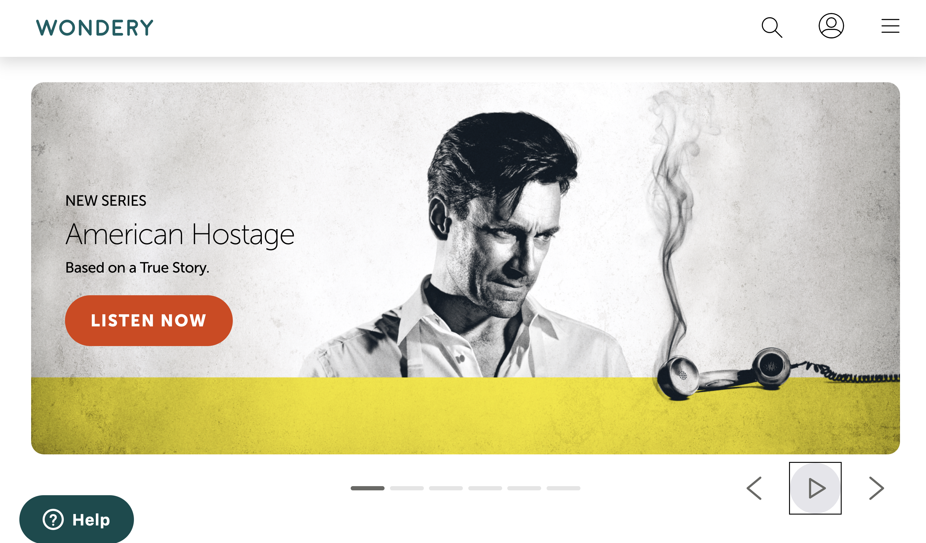 Wondery homepage with image of American Hostage podcast and a Listen Now button