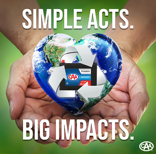 Simple Acts. Big Impacts. Hands holding a heart shaped planet Earth with a CAA Battery in the middle