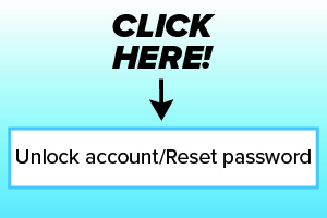 Click Here text pointing toward text saying Unlock Account/Reset password in a blue rectangle. 