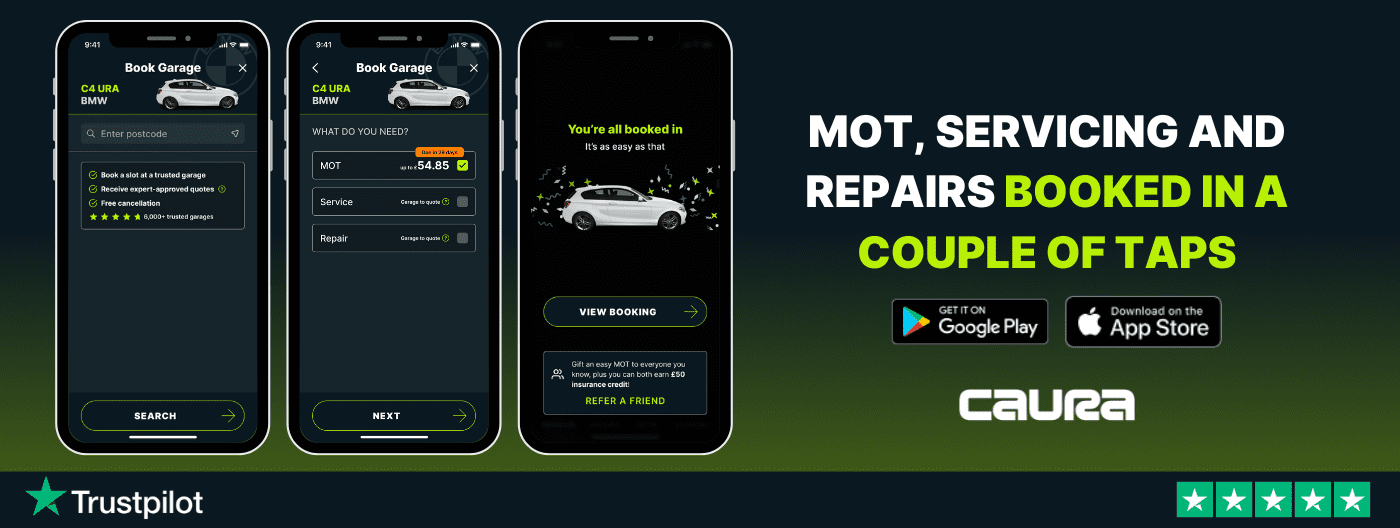 Download banner showing you can book an MOT, servicing or repair in Caura in minutes