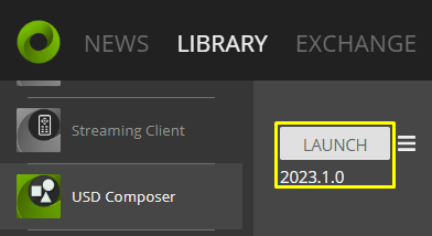Cesium for Omniverse/quickstart tutorial:
Navigate to the Library tab of Omniverse Launcher and select USD Composer from the apps list. Launch USD Composer by clicking on the Launch button.