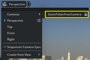 Enter the new camera by clicking Perspective > Cameras and choosing ZoomToSanFranCamera. 