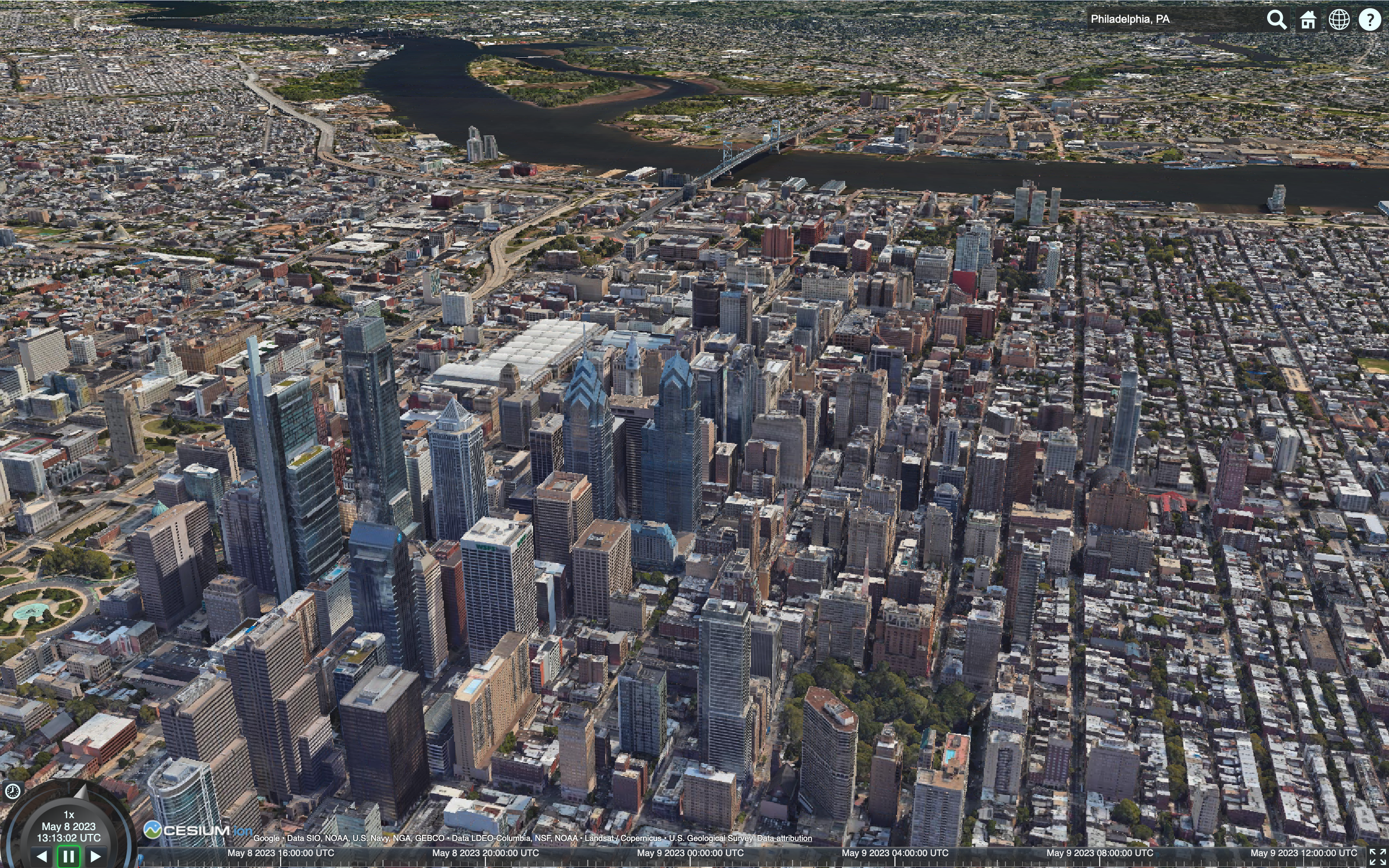 Use the mouse and keyboard to zoom, pan, and tilt to explore Philadelphia in full 3D.
