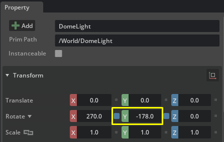 Select the Dome Light and enter -178.0 in the Y value of its Rotate field.